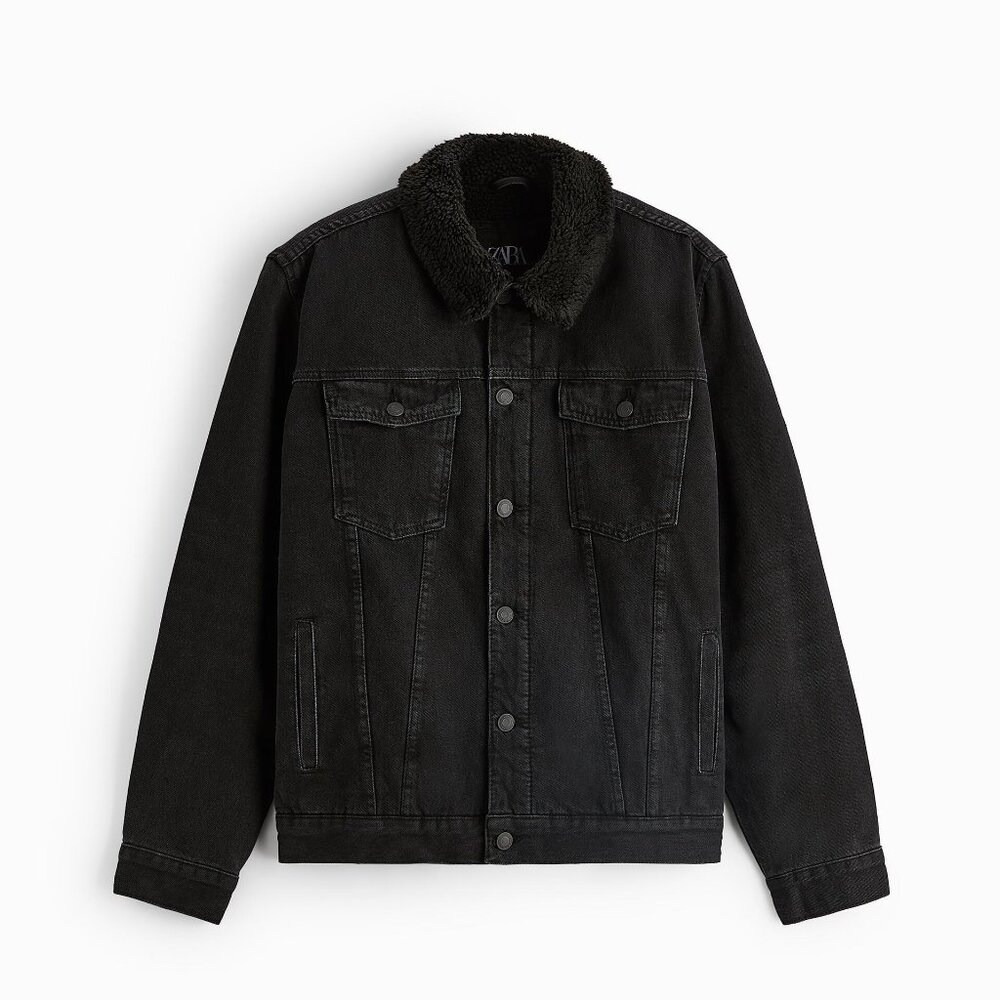 Zara Men's Black Denim Faux Fur Jacket Size M